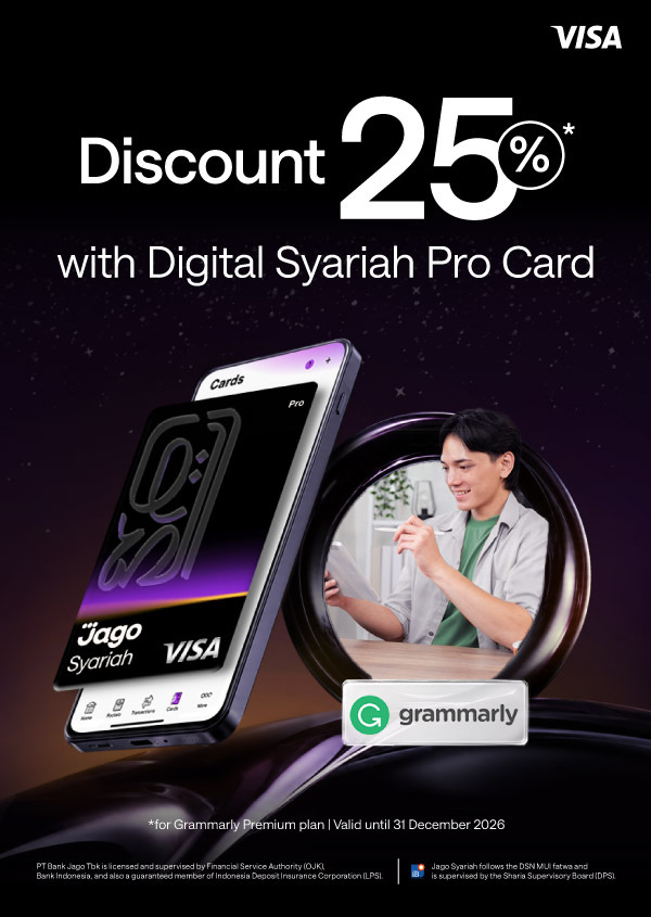 25% discount on Grammarly Premium plans when using a Jago Pro Digital Card