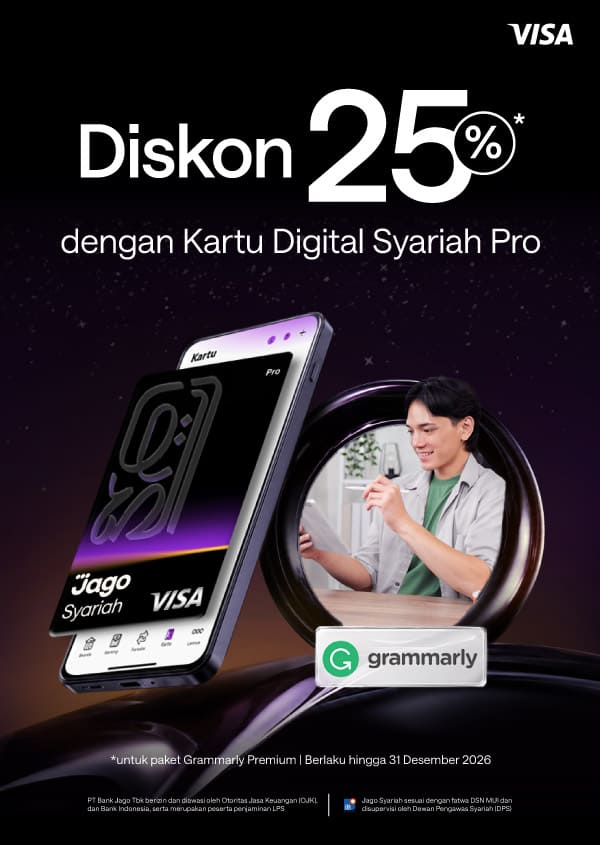 Diskon 25% untuk paket Grammarly Premium dengan menggunakan Kartu Digital Jago Pro
