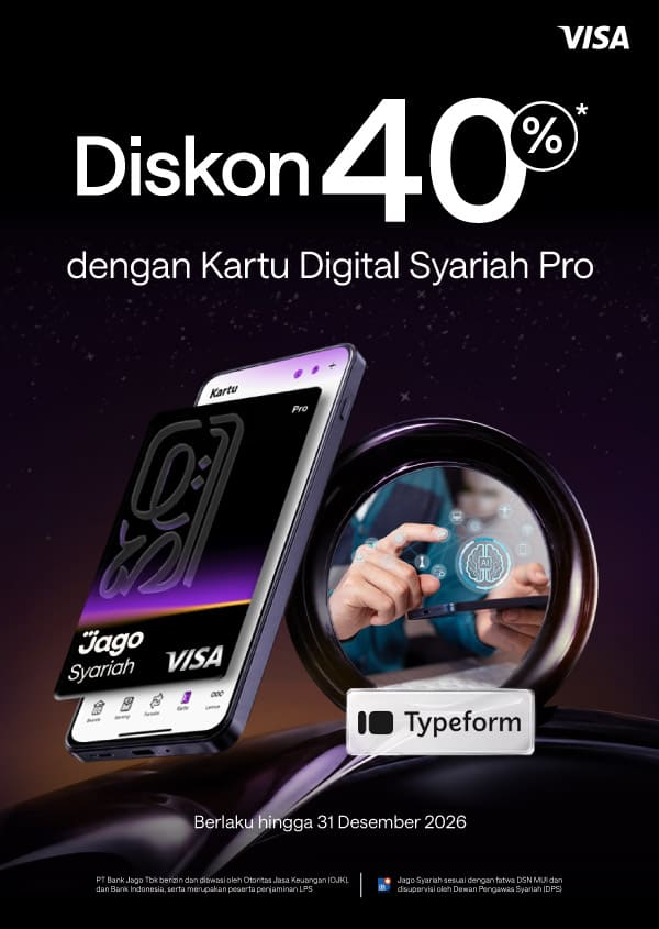 Diskon 40% untuk paket Typeform dengan menggunakan Kartu Digital Jago Pro
