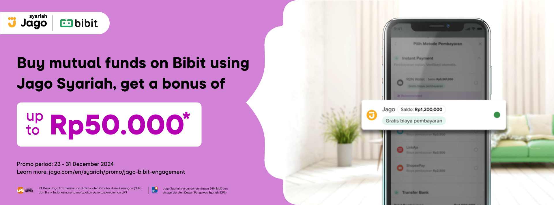 Buy mutual funds on Bibit using Jago Syariah, get a bonus of up to Rp50.000