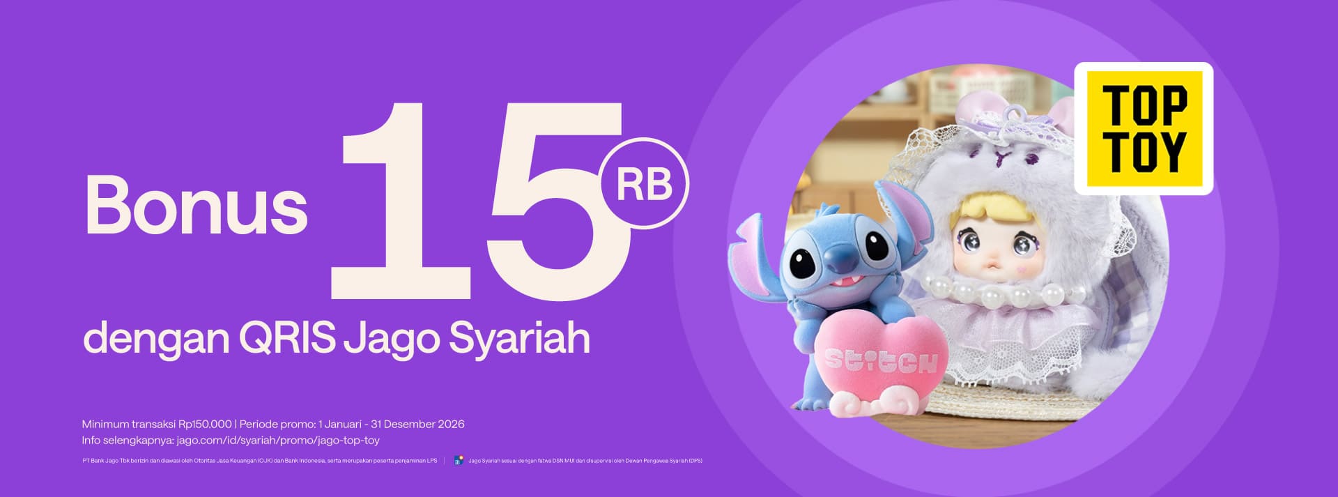 Dapatkan bonus Rp15.000 saat belanja di Top Toy (min. Rp150.000) dan bayar pake QRIS Jago