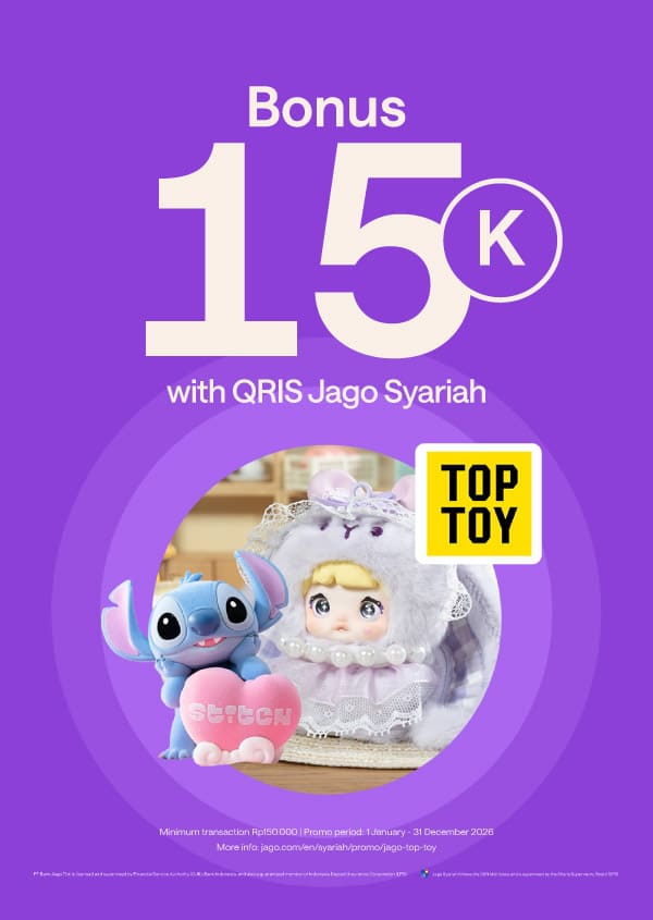 Enjoy Rp15.000 bonus when you shop at Top Toy (min. Rp150.000) and pay using QRIS Jago