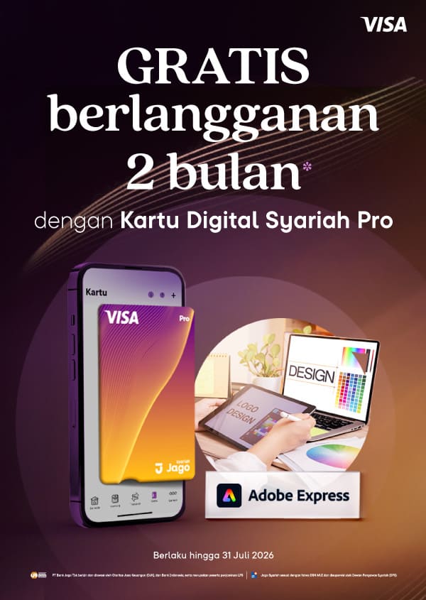 Gratis 2 bulan Adobe Express Premium ketika membeli langganan 12 bulan dengan menggunakan Kartu Digital Jago Pro