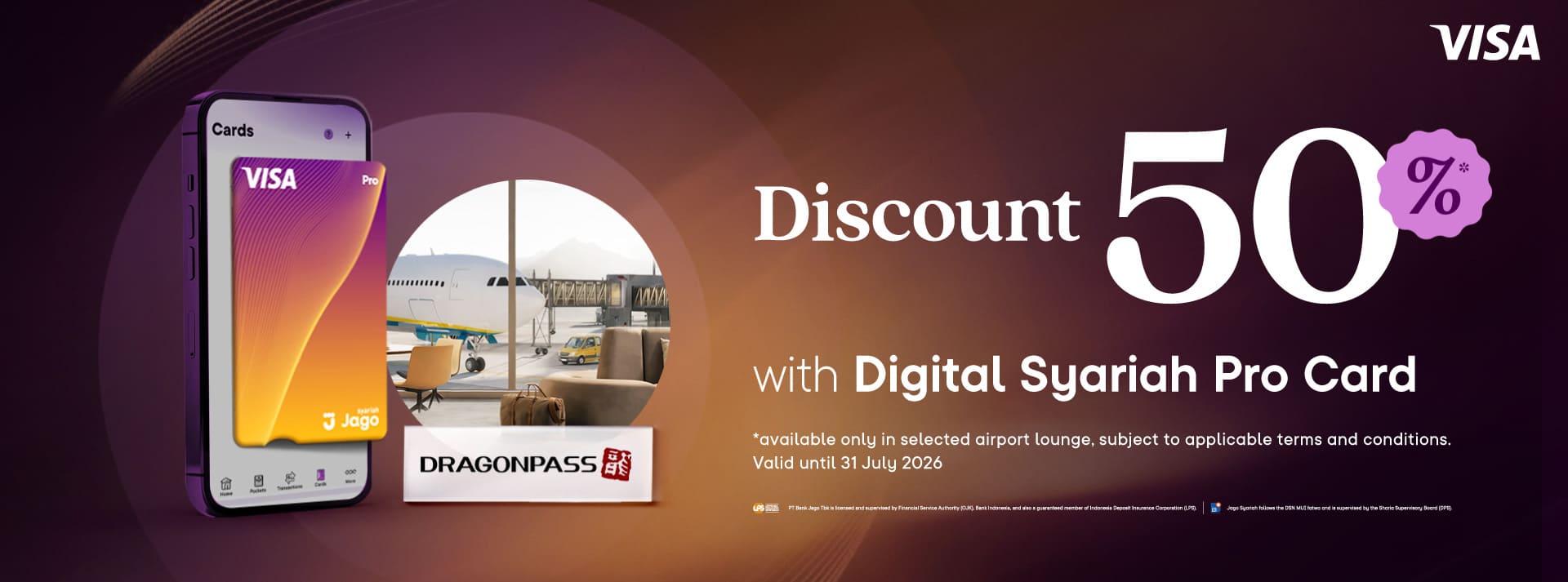 50% discount on airport lounge bookings via DragonPass when paid using the Jago Digital Pro Card