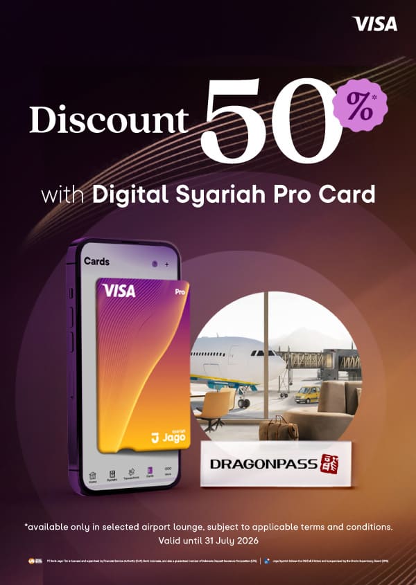 50% discount on airport lounge bookings via DragonPass when paid using the Jago Digital Pro Card