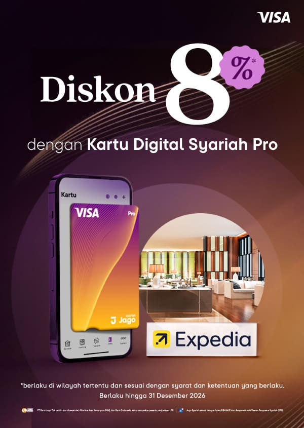 Diskon 8% untuk pemesanan hotel melalui Expedia menggunakan Kartu Digital Jago Pro