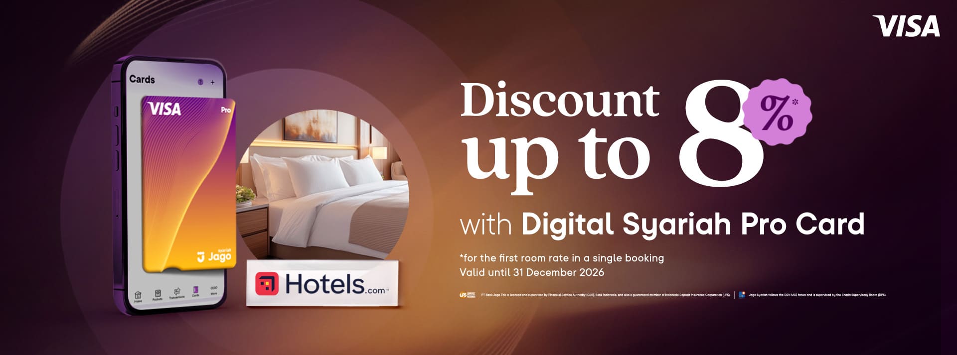Users are eligible to receive a discount of up to 8% on the first room rate in a single booking at participating hotels by using the Jago Digital Pro Card