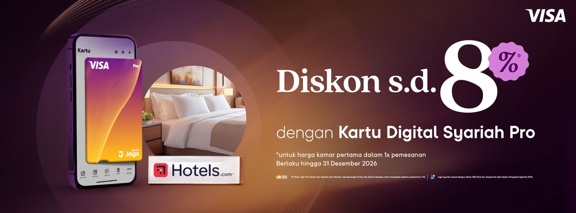 Pengguna akan mendapatkan diskon hingga 8% untuk harga kamar pertama dalam satu kali pemesanan di hotel yang berpartisipasi dengan menggunakan Kartu Digital Jago Pro