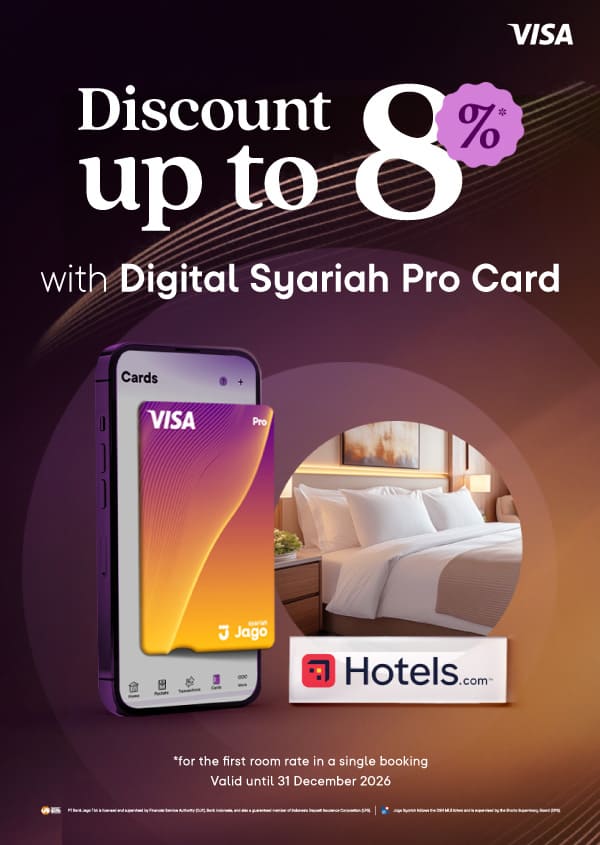 Users are eligible to receive a discount of up to 8% on the first room rate in a single booking at participating hotels by using the Jago Digital Pro Card