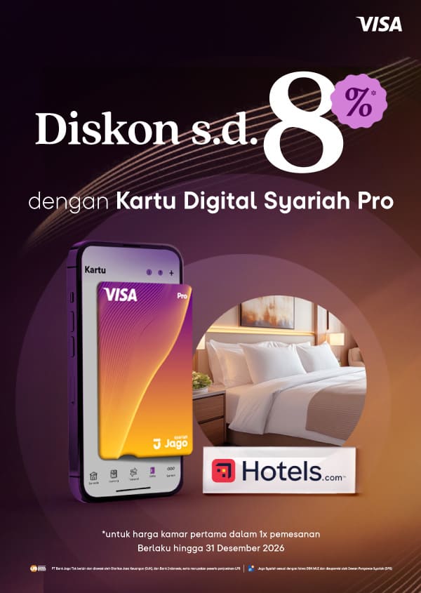 Pengguna akan mendapatkan diskon hingga 8% untuk harga kamar pertama dalam satu kali pemesanan di hotel yang berpartisipasi dengan menggunakan Kartu Digital Jago Pro