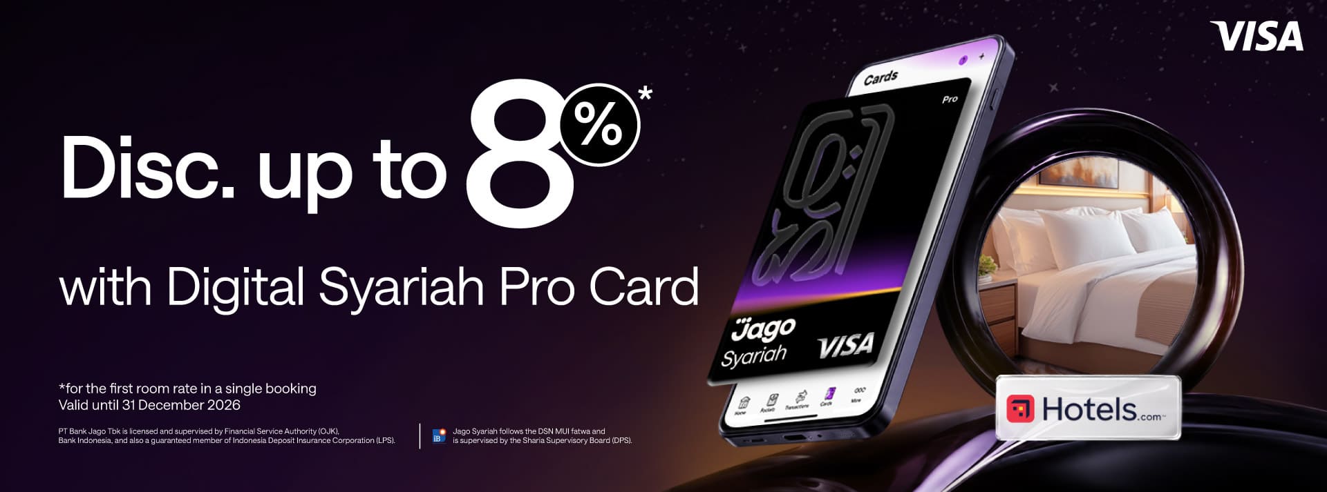 Users are eligible to receive a discount of up to 8% on the first room rate in a single booking at participating hotels by using the Jago Digital Pro Card