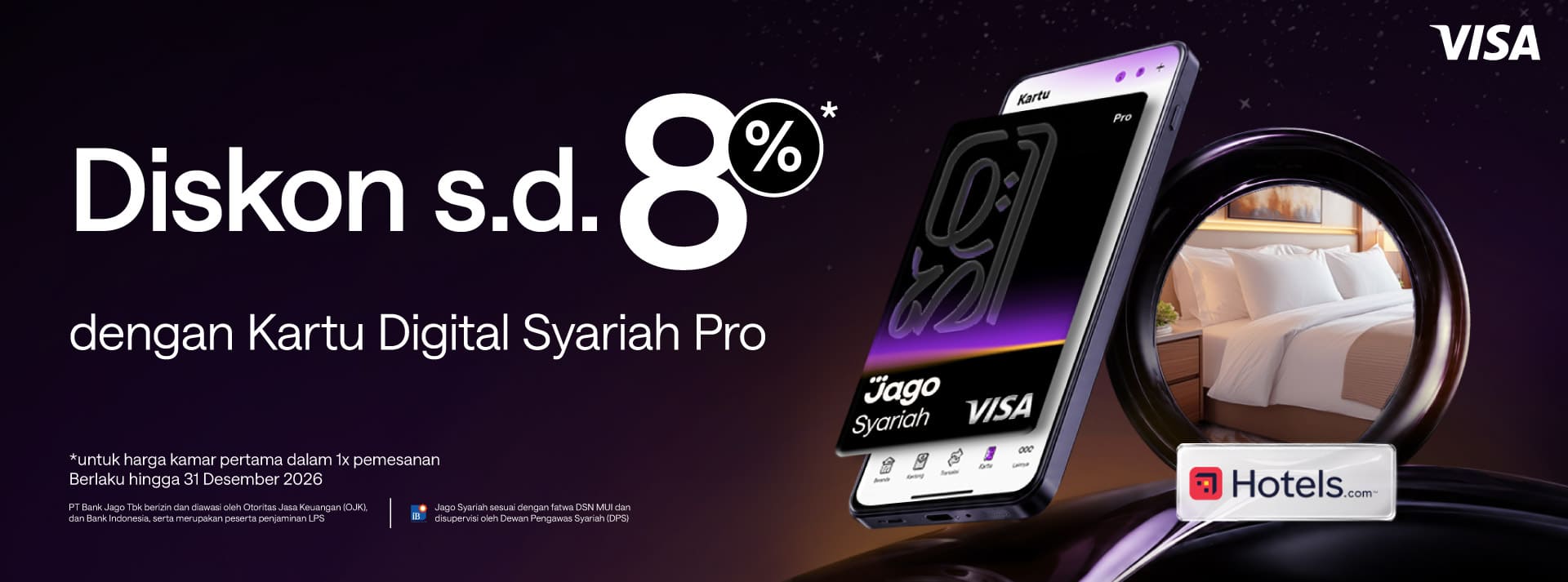 Pengguna akan mendapatkan diskon hingga 8% untuk harga kamar pertama dalam satu kali pemesanan di hotel yang berpartisipasi dengan menggunakan Kartu Digital Jago Pro
