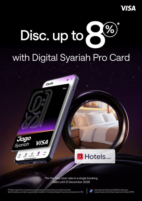 Users are eligible to receive a discount of up to 8% on the first room rate in a single booking at participating hotels by using the Jago Digital Pro Card