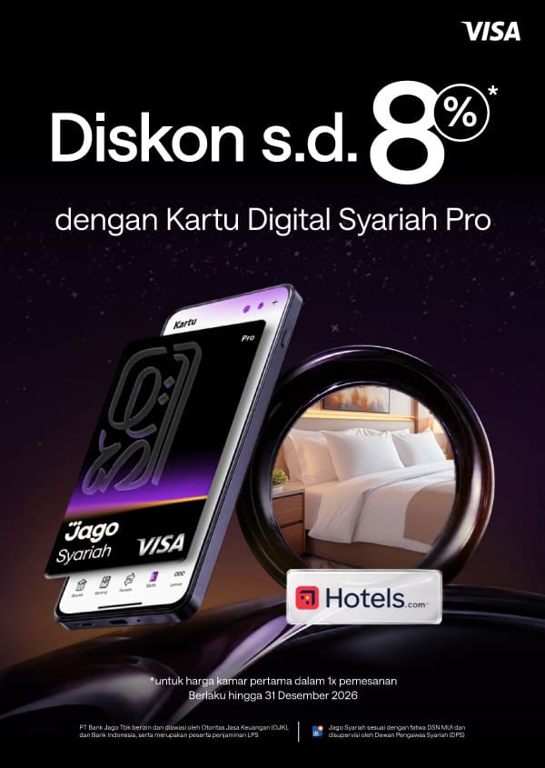 Pengguna akan mendapatkan diskon hingga 8% untuk harga kamar pertama dalam satu kali pemesanan di hotel yang berpartisipasi dengan menggunakan Kartu Digital Jago Pro