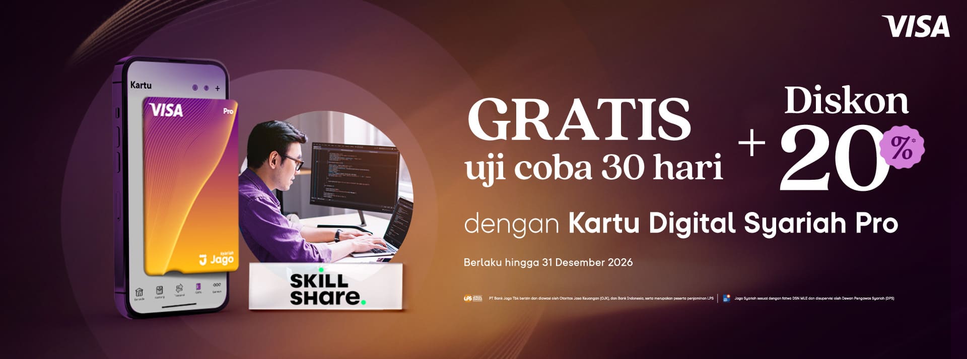 Gratis uji coba 30 hari + diskon 20% untuk paket tahunan dengan menggunakan kartu Jago Digital Pro