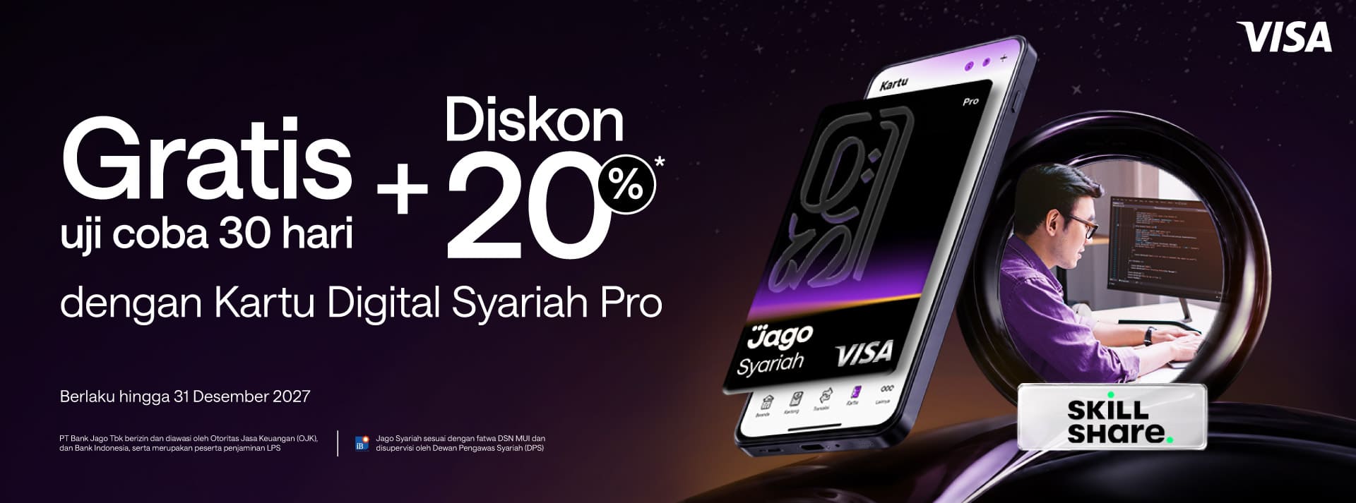 Gratis uji coba 30 hari + diskon 20% untuk paket tahunan dengan menggunakan kartu Jago Digital Pro