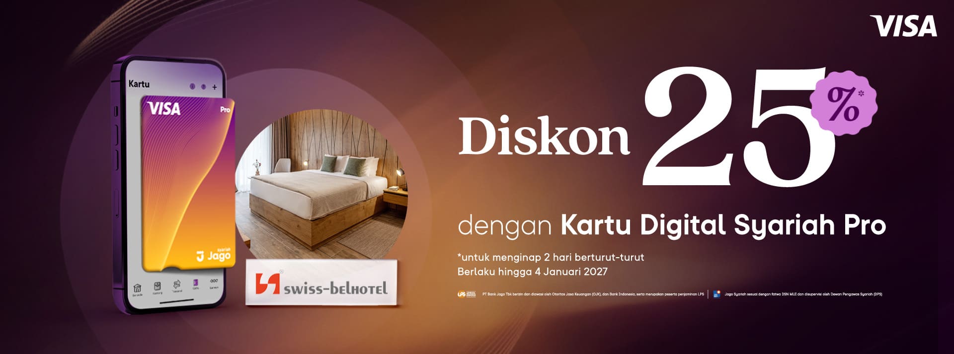 Pengguna berhak mendapatkan diskon 25% dengan ketentuan menginap tepat 2 (dua) malam berturut-turut dan menggunakan Kartu Digital Jago Pro