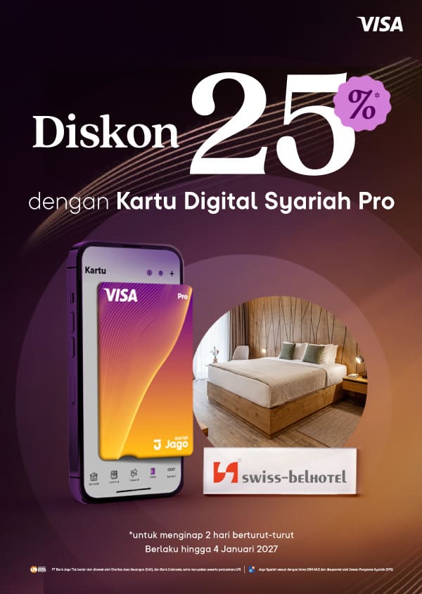 Pengguna berhak mendapatkan diskon 25% dengan ketentuan menginap tepat 2 (dua) malam berturut-turut dan menggunakan Kartu Digital Jago Pro