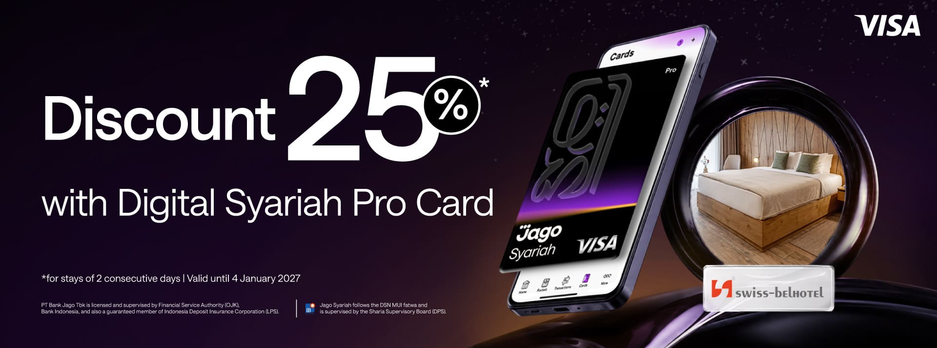 Users are eligible to receive a 25% discount, applicable for stays of exactly two nights stay, when using the Jago Digital Pro Card
