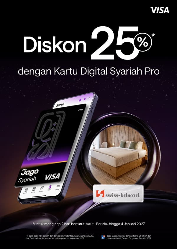 Pengguna berhak mendapatkan diskon 25% dengan ketentuan menginap tepat 2 (dua) malam berturut-turut dan menggunakan Kartu Digital Jago Pro
