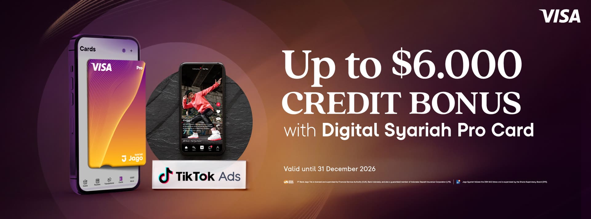 Bonus Tiktok Ads service credit rewards of up to $6.000 when using the Jago Digital Pro Card, with the following minimum spending requirements.