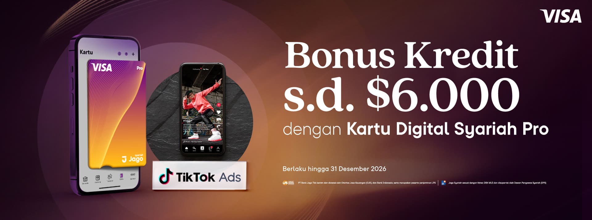 Bonus Reward kredit layanan Tiktok Ads berupa bonus kredit hingga $6.000 menggunakan Kartu Digital Jago Pro dengan minimum transaksi sebagai berikut.