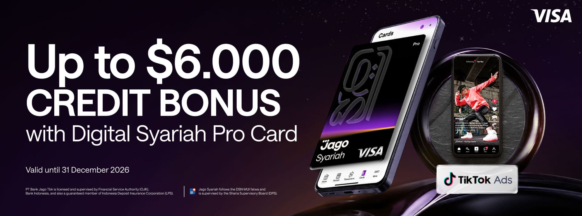 Bonus Tiktok Ads service credit rewards of up to $6.000 when using the Jago Digital Pro Card, with the following minimum spending requirements.