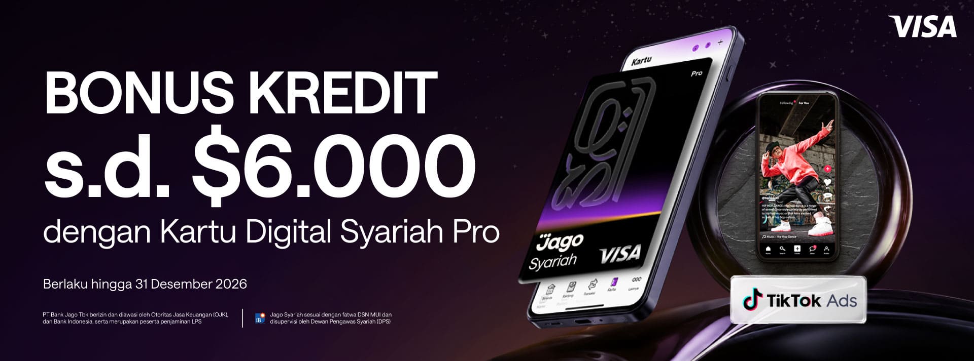 Bonus Reward kredit layanan Tiktok Ads berupa bonus kredit hingga $6.000 menggunakan Kartu Digital Jago Pro dengan minimum transaksi sebagai berikut.