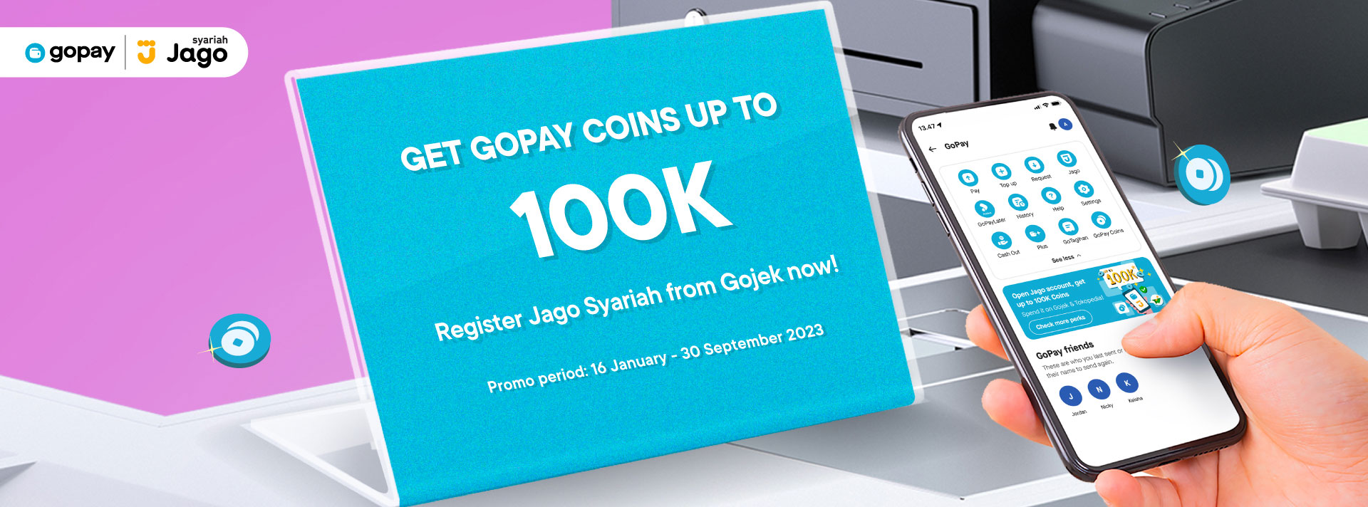 One step closer in managing expenses, paying without top-up and free admin fees! Get Bonus up to 100k Gopay Coins