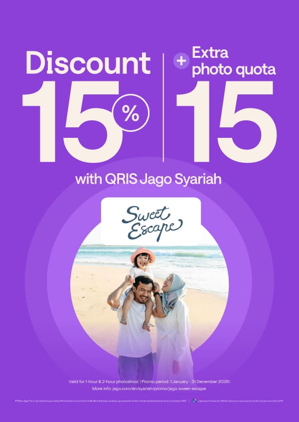 15% discount + extra downloadable quota 15 photos with QRIS Jago