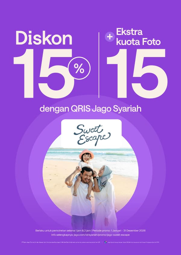 Diskon 15% + extra kuota yang dapat diunduh 15 foto dengan QRIS Jago